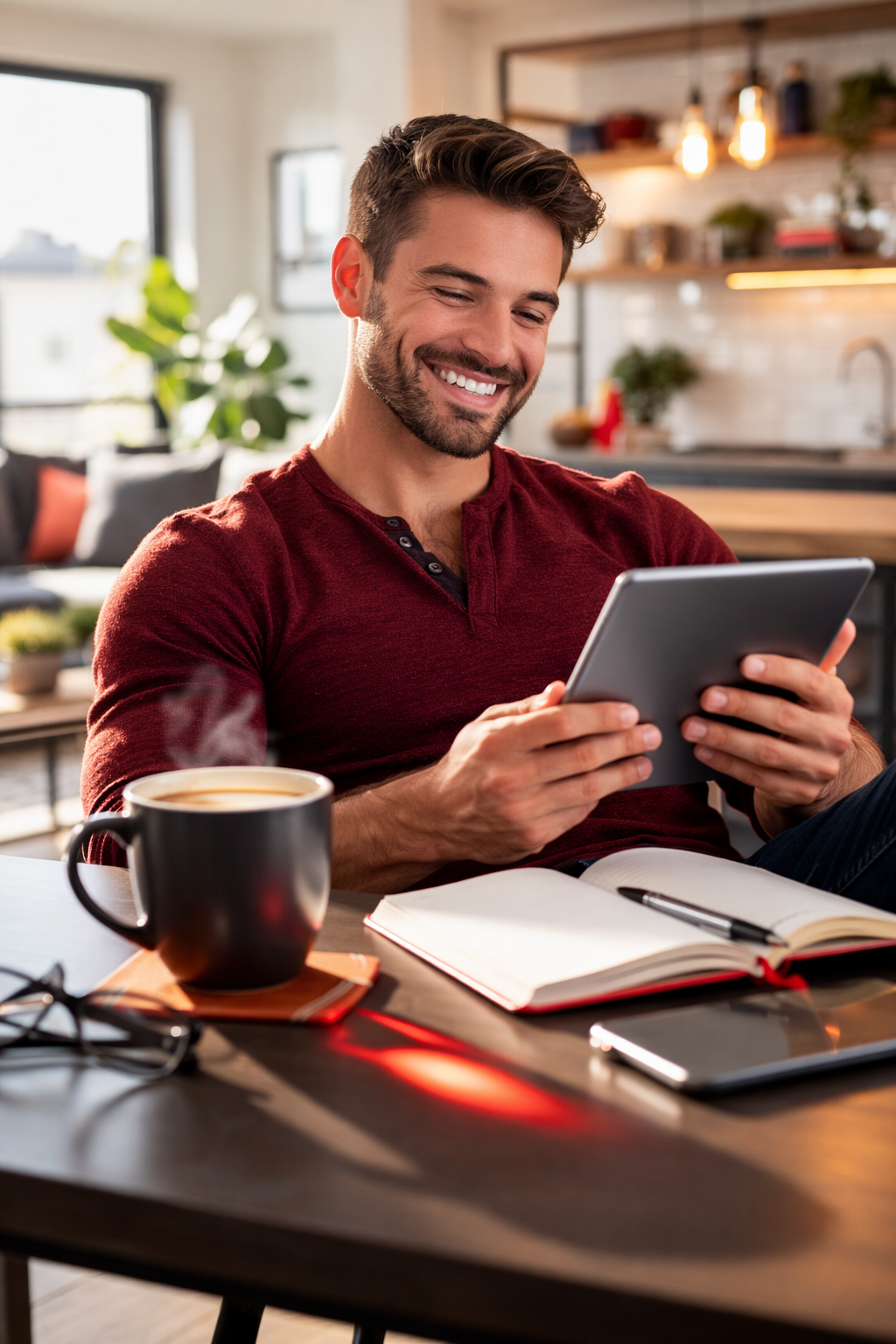 Man reading the Topping Confidence guide privately on a tablet at home
